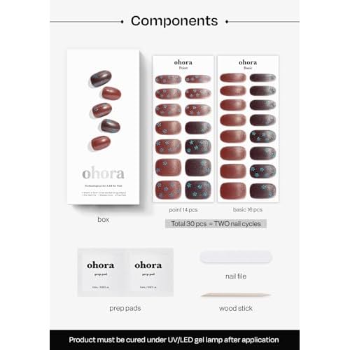 ohora Semi Cured Gel Nail Strips (N Evening Flora) - Works with Any Lamps, Salon-Quality, Long Lasting, Easy to Apply & Remove - Includes 2 Prep Pads, Nail File & Wooden Stick
