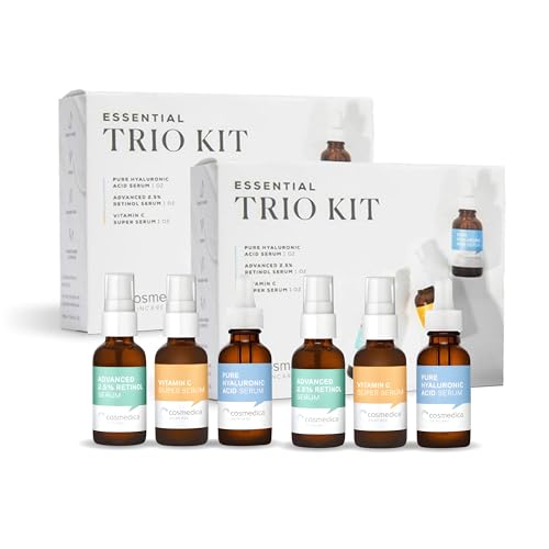 Cosmedica Skincare Facial Serum Trio Set Value for Clear Skin - Vitamin C Super Serum, 2.5% Retinol Serum, Pure Hyaluronic Acid Serum ? Vegan, Cruelty-Free Skincare 6 pack