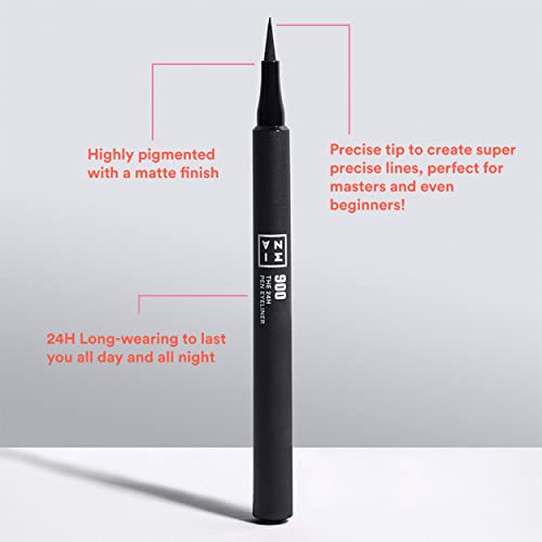 3INA The 24H Pen Eyeliner ? Black Liquid Eyeliner with Precise Tip ? Waterproof Eye Makeup ? 24 Hour Long Wear and Non-Shine Finish - 900-0.04 oz