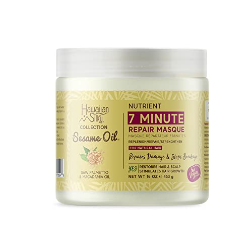 Hawaiian Silky Vegan Sesame Oil 7-MINUTE Nutrient Repair Masque with Saw Palmetto & Macadamia Oil 16 FL OZ - Replenish, Repair & Strengthen for all Hair Types