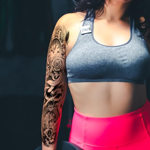 6 Sheets Large Flower Temporary Tattoo Sleeves for Women, Realistic Clock and Rose Design, Fake Sleeve Tattoos for Cosplay, Halloween, and Festivals