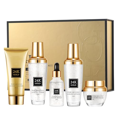 24K Gold Skincare Set 5 Piece,Moisturizing Face Skin Care Kit with Facial Cleanser,Face Serum,Face Cream,Face Lotion,Face Toner,24K Women Skincare Set For All Skin Types