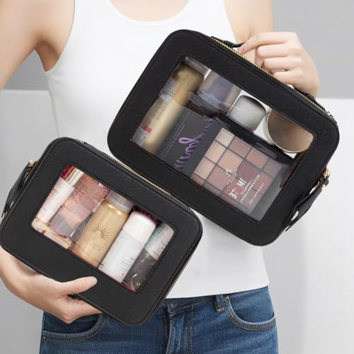 Clear Toiletry Bag Set for Women, Transparent Travel Makeup Case Portable Skincare Cosmetic Bag with Zipper Waterproof Makeup Pouch Car Organizers Car Accessories for Essentials (Dual Black)
