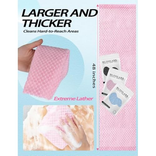 BLISSALRK Exfoliating Shower Towel 48",Premium Scrub Wash Cloth for Body Face, Exfoliating Washcloth for Men and Woman (1, Black+Pink)
