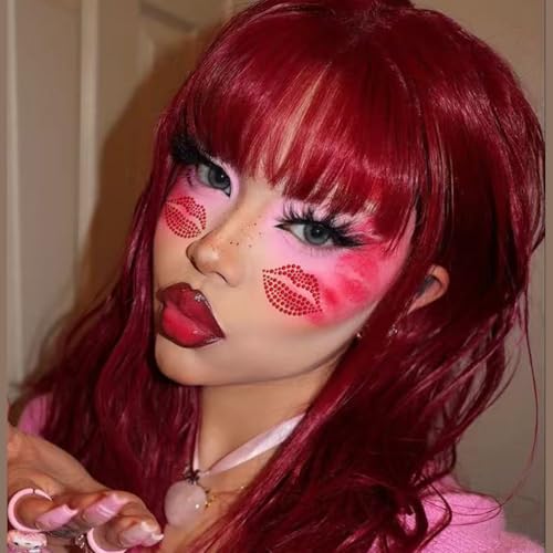 NOOEPC Red Face Gems Self-Adhesive Face Jewels, Red Face Glitter Lip Hair Gems, Festival Kiss Stickers, Face Rhinestone Stickers for Makeup, Eye, Hair, Body, Rave Accessories