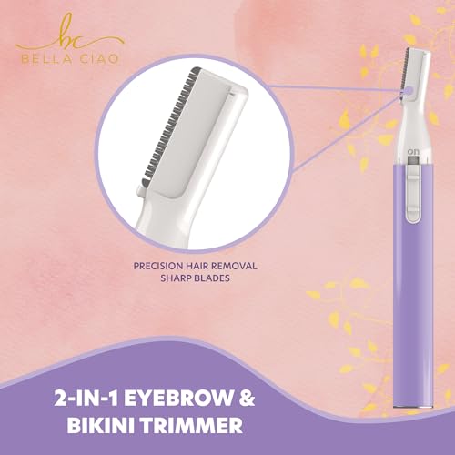 Bella Ciao Eyebrow and Bikini Trimmer for Women, Gentle Electric Facial Hair Removal Device, Battery Operated Precision Hair Trimmer with Dual-Sided Trimming Guide, Protective Cap