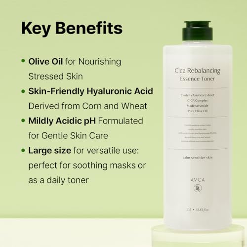 AVCA CICA Rebalancing Essence Facial Toner - Korean Toner with Centella Asiatica for Hydrating & Soothing, ph5.5 Trouble Care, Korean Skin Care (1L/33.8fl.oz.)