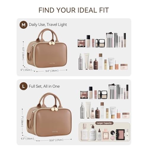 Prite Makeup Bag for Women, Large Capacity Waterproof Travel Cosmetic Organizer, Portable Open Flat Toiletry Bag with Free-standing Brush Holder and Handle(Brown Large)
