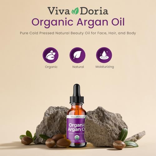 Viva Doria Organic Argan Oil, 1 Fl Oz, Pure Cold Pressed Natural Beauty Oil for Face, Hair, Body, Unscented