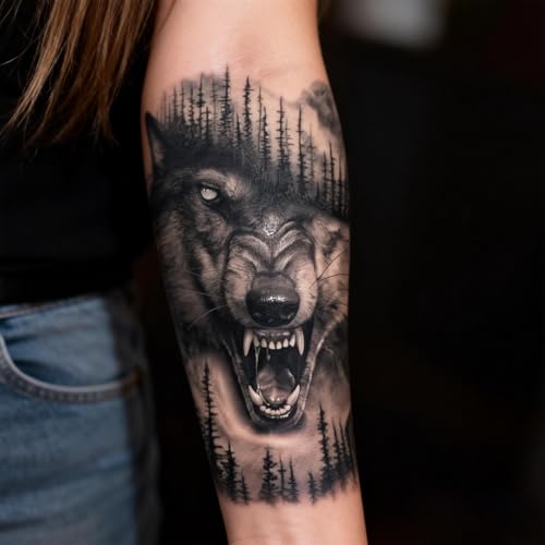 2 Sheets Realistic Animal Temporary Tattoos Stickers Forest Wolf Tree Designs For Men Waterproof Arm Leg Fake Body Art, Gym & Parties Bold Masculine Decals