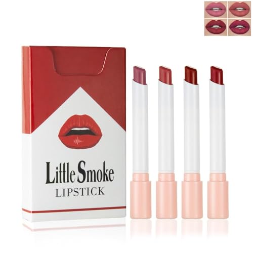 4Pcs Cigarette Case Lipstick Long-Lasting Non-Sticky Matte Nude Lipstick Set Lightweight Mini Velvety Lip Gloss Little Smoke Tube Style Lip Tint Festivals Gift for Women Daily Lip Makeup (A)
