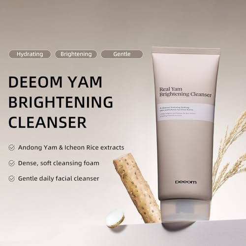 DEEOM Real Yam Brightening Cleanser, Gentle Foaming Face Wash for Sensitive Skin with Rice Water, Hydrating & Deep Pore Cleansing, Korean Skincare, 6.76 oz