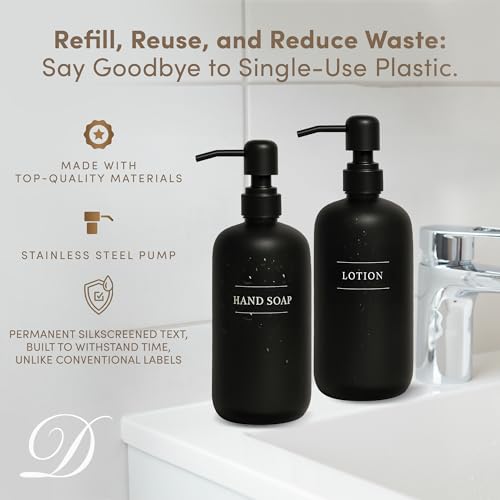 Black Plastic Bottle | Refillable Wall Mount Liquid Soap Dispenser with No Drill Brackets | 16 oz Hand Soap and Lotion for Every Bathroom | Two Bottles