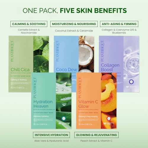 PLANTIFIQUE Superfood Facial Sheet Mask Variety Box 5 Pack ? Face Mask Set with Coconut, Aloe, Vitamin C, Centella & Collagen ? Hydrating & Refreshing ? For All Skin Types