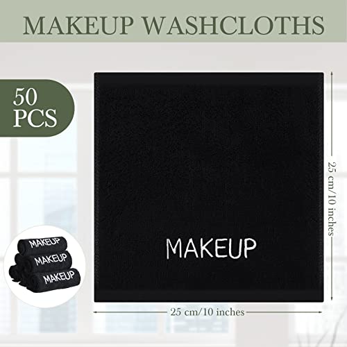 Riakrum 50 Pcs Makeup Washcloths Cotton Makeup Remover Towels Cosmetic Face Towel Absorbent Soft Facial Towels for Women Girls Face Cleansing Skin Care Gifts, 9.8 x 9.8 Inch (Black)