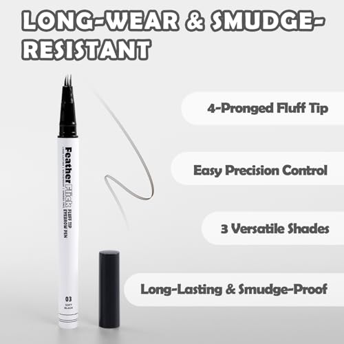 Feather Flick Fluff Tip Eyebrow Pen Natural Hair Like Brow Strokes Angled Multi Tip Precision Brow Pen for Sparse Brows Long Lasting Smudge Resistant (SOFT BLACK, 0.018 fl oz. / 0.55 ml£¨pack of 1£©)