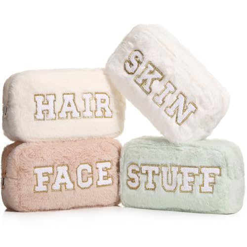 Paterr 4 Pieces Preppy Makeup Bag Chenille Letter Faux Fur Fluffy Bag Preppy Stuff Face Skin Hair Stuff Cute Toiletry Cosmetic Travel Bags Pouch with Zipper for Girls Women(Light Colors)