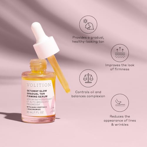 Volition Beauty Getaway Glow Gradual Tan Firming Serum with Peptides + Niacinamide | Hydrating & Plumping Tanning Drops for Face | Boosted with Hyaluronic Acid & Natural Sunless Tanning Ingredients