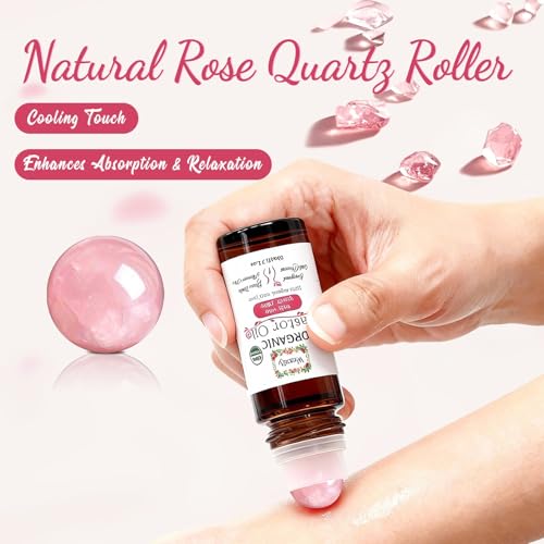 Organic Castor Oil with Rose Quartz Roll On for Body 50ml Large Bottle, Crystal Roller for Skin Moisturizing, Stretch Marks & Dry Areas, Cold-Pressed, Hexane-Free, Relaxing Self-Care Gifts for Women