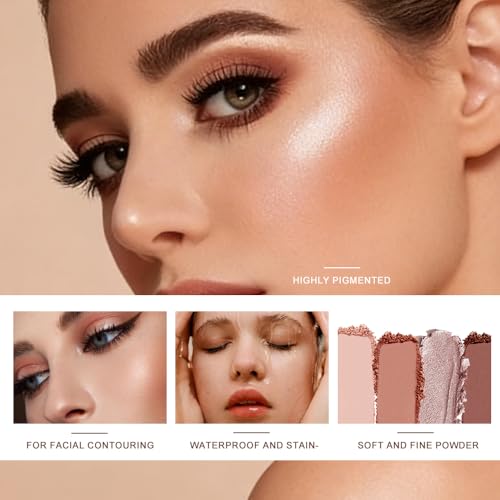 Baked Face Trio Palette,Highlighter Blush Contour &Eyeshadow All in One,Silky Smooth Blendable Powder,Natural Low Saturation Shades, Color-Rich Waterproof Long-Lasting Makeup Palette for Daily Use-B02