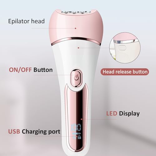 Epilator for Women, 6 in 1 Hair Removal Epilator, Shaver, Face Razor, Facial Brush, Face Massage and Body Exfoliator,IPX7 Waterproof Rechargeable Hair Removal for Women (Pink)