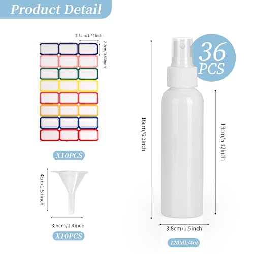 36 Pack White Small Spray Bottles 4 oz/120 ml Plastic Spray Bottles, Fine Mist Empty Small Travel Spray Bottle, Refillable Mini Sprayer Empty Bottle Bulk with Funnels and Labels