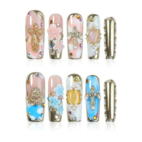 Opulent Handmade Press on Nails - Intricate Handmade Square False Nails with Luxury Artisan Design for Women Wedding Party Special Events