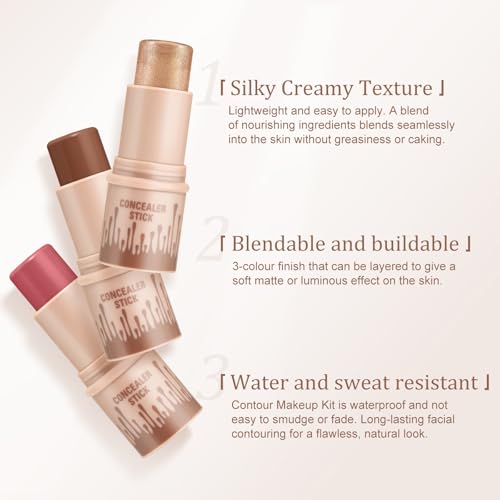 Boobeen 3 Pcs Contour & Highlighter & Blush Stick, Contour Beauty Kit, Creamy Smooth Contouring Stick, Natural Highlighting Stick, Waterproof and Long Lasting Makeup