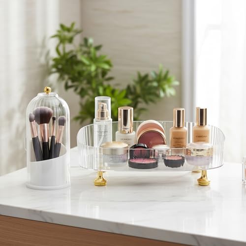 Makeup Organizer 2-Pack, Clear Makeup Brush Holder with Lid + Rotating Tray, Countertop Use, Cosmetic Storage, Make Up Organizers for Counter, Make Up Brush Holder Set for Bathroom Vanity & Dresser