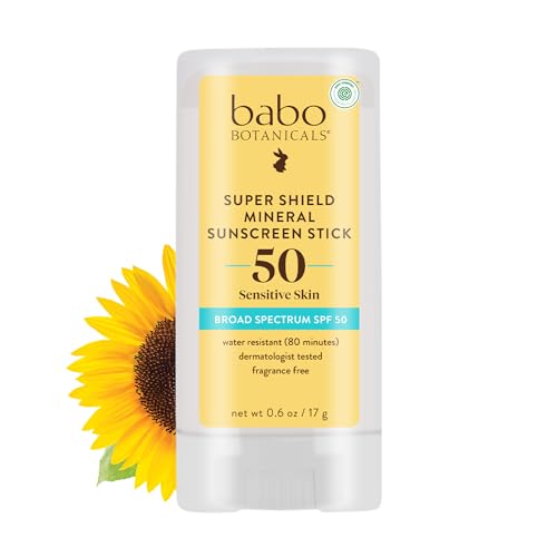 BABO Botanicals Super Shield SPF 50 Stick Sunscreen - 70% Organic Ingredients - Natural Zinc Oxide - for All Ages - NSF & Made Safe Certified - EWG Verified - Water Resistant - Fragrance-Free