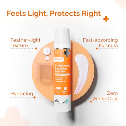The Derma Co 1% Hyaluronic Sunscreen Aqua Gel with SPF 50 & PA++++ | Broad Spectrum UVA/B & Blue Light Protection | Lightweight & Quick Absorbing with Vitamin E | 1.76 Oz/50g
