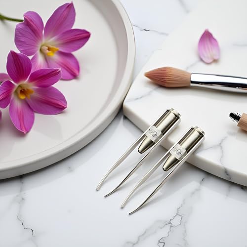 2Pcs Silver Creative Led Light Eyelash Eyebrow Hair Removal Stainless Steel Make Up Tweezer and Practicality, Hair Removal Tweezers, Women's 8.8x0.8x1.6cm