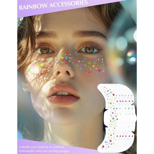 6 Pcs Rainbow Freckles Face Tattoo, Rainbow Heart Glitter Freckle Face Temporary Tattoos Long Lasting, Multichrome Iridescent Sparkle Freckles Colorful Rave Festival Accessories for Women, Set C