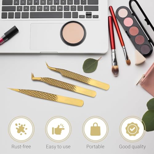 Lash Tweezers for Eyelash Extensions with Diamond Grip, Japanese Stainless Steel, Set of 3 - Great Precision for Classic, Volume & Mega Volume, Premium 45 Degree Curved Set for Women (Gold)