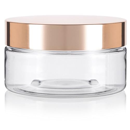 (6 Pack) 8 oz Clear Plastic Low Profile Wide Mouth Jar with Gold Metal Overshell Lid Refillable Empty Storage Containers
