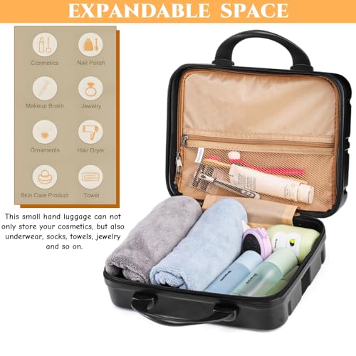 Mini Hard Shell Cosmetic Travel Case, 12 Inch Small Portable Makeup Train Case with Elastic Band Handle, Pressure-proof ABS Carrying Suitcase Toiletry Box for Travel, Camping, Black