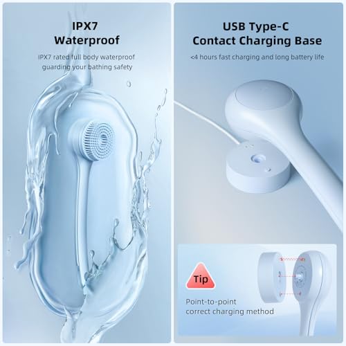 Electric Body Brush Back Scrubber for Shower + Descaling Brush Head, Sky Blue
