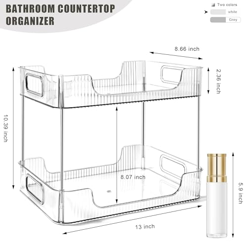 2-Tier Bathroom Counter Organizer Countertop Storage, Dresser Organizer Vanity Tray for Makeup, Perfume Organizer Cosmetics Skincare Shelf- Clear
