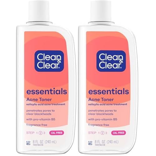 Clean & Clear Essentials Oil-Free Acne Toner, 2% Salicylic Acid Acne Treatment, Gentle Facial Toner for Pimples Cleanses Pores to Clear & Remove Blackheads, Fragrance Free, 8 fl. oz (Pack of 2)