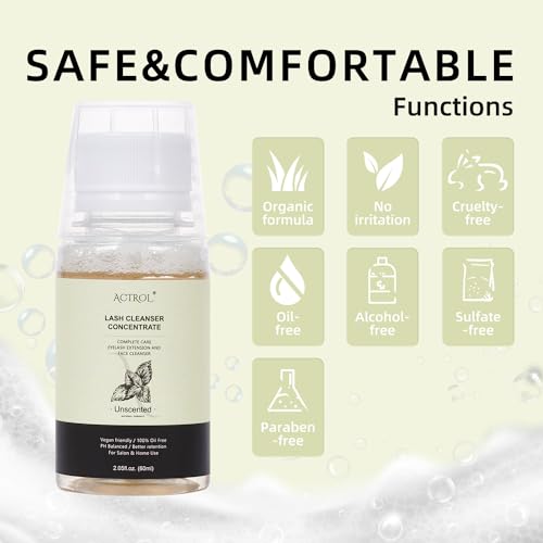 Eyelash Cleanser Concentrate 60ml Unscented Professional Lash Shampoo Foaming Cleanser DIY Wash for Extensions Lashes with Salon Home Care-Makes 6 Bottles