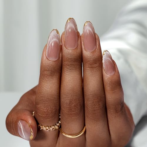 BTArtbox Press On Nails Almond -Soft Gel Fake Nail with Nail Glue, Reusable Opaque Short Stick On Nails, Falling Star Cat Eye & Knightshield