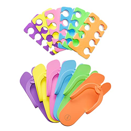 48 Pairs Spa Party Pack of Anti-Slip EVA Pedicure Slippers & Premium Toe separators Two Tone Soft & Durable - Bulk 6 Fun Colors Ideal for At Home Spa Party & Nail Salon