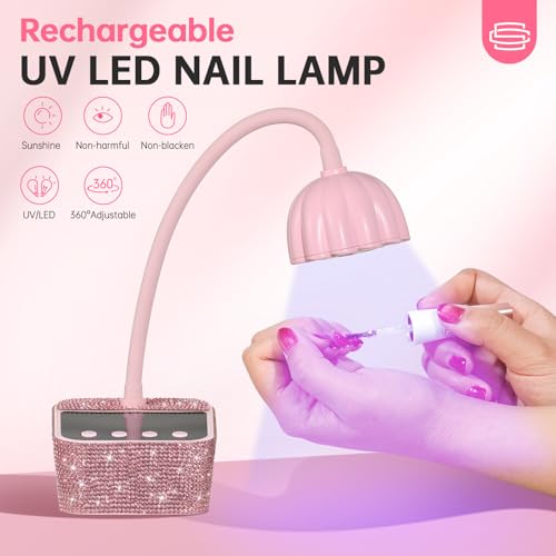 UV Nail Lamp, Mini UV Light for Gel Nails Polish, Rechargeable Nail Dryer with 4 Timers, Quick Drying Cordless Goosenecks Home Nail Salon DIY Manicure Pink Diamond
