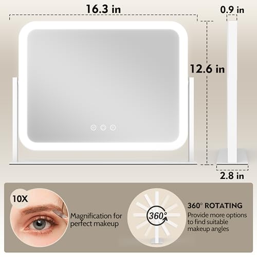 HNV 17"x13" Hollywood Vanity Mirror with Lights, Rounded Makeup Mirror with 10X Magnification, 3 Color Dimmable LED, Smart Touch Control & 360¡Æ Rotation, Shatter-Resistant Tabletop Desk Mirror (White)