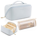 Vlando Makeup Bag,Large Capacity Toiletry Bag for Women Waterproof Portable Make up Pouch PU Leather Open Flat Cosmetic Bag(Baby Blue)