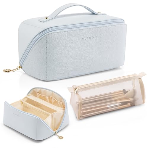 Vlando Makeup Bag,Large Capacity Toiletry Bag for Women Waterproof Portable Make up Pouch PU Leather Open Flat Cosmetic Bag(Baby Blue)
