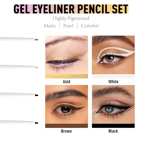 4 Colors Gel Eyeliner Pencil, Waterproof Brown Eyeliner Matte Shimmer Smooth Waterline Eyeliner Pen Gel Cream Texture Highly Pigmented Long Lasting Buildable Eyeliner, Black, Brown, White, Gold