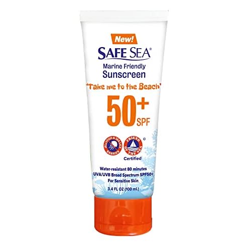 SAFE SEA Jellyfish Sting-Blocking Sunscreen, SPF 50+ travel Size Lotion, Waterproof, Biodegradable, Coral Reef-Safe, Body and Face Sunscreen, Anti-Jellyfish and Sea-Lice sting protection (Tube 3.4 oz)