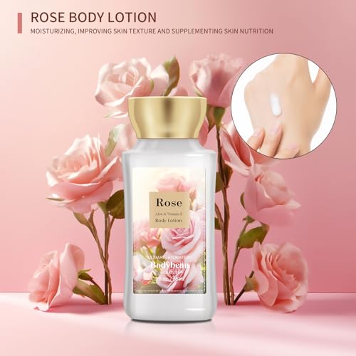 Bath and Body Gift Set for Women & Girls, Rose 4PCS Set for - Shower Gel, Body Lotion, Body Mist, Exfoliating Scrub, Personal Portable Body Care Travel Set