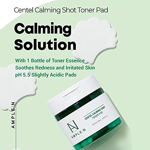 Korean Pore Minimizing and Redness Relief Soothing Toner Pads, Face Exfoliant with Centella Asiatica Extract and Bamboo Extract ? AMPLE:N Centel Calming Shot Toner Pad 60 Sheet 100ml (3.38 fl.oz.)
